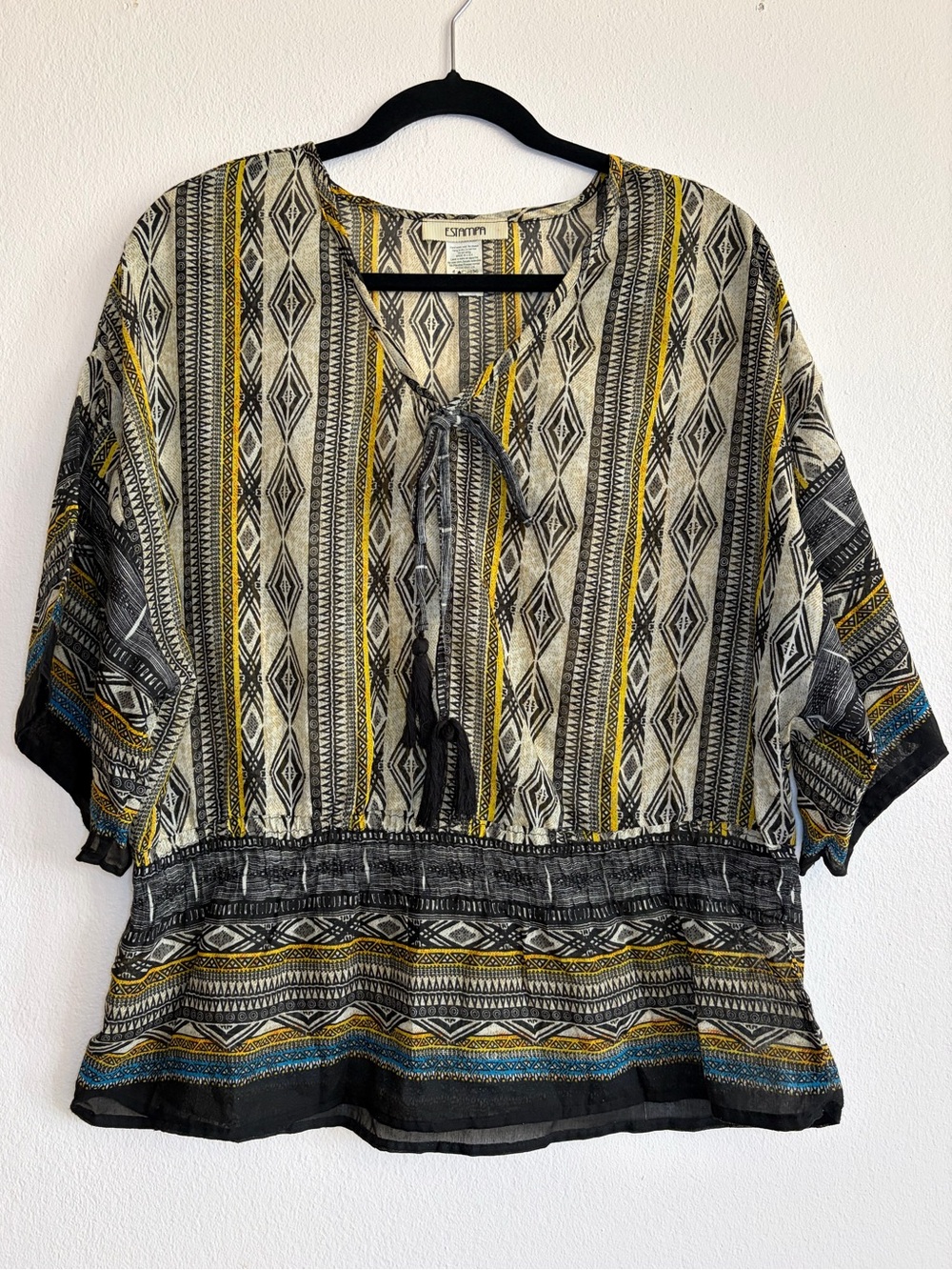 Striped Boho Tie-Neck Blouse in Black, Yellow & Cream MEDIUM